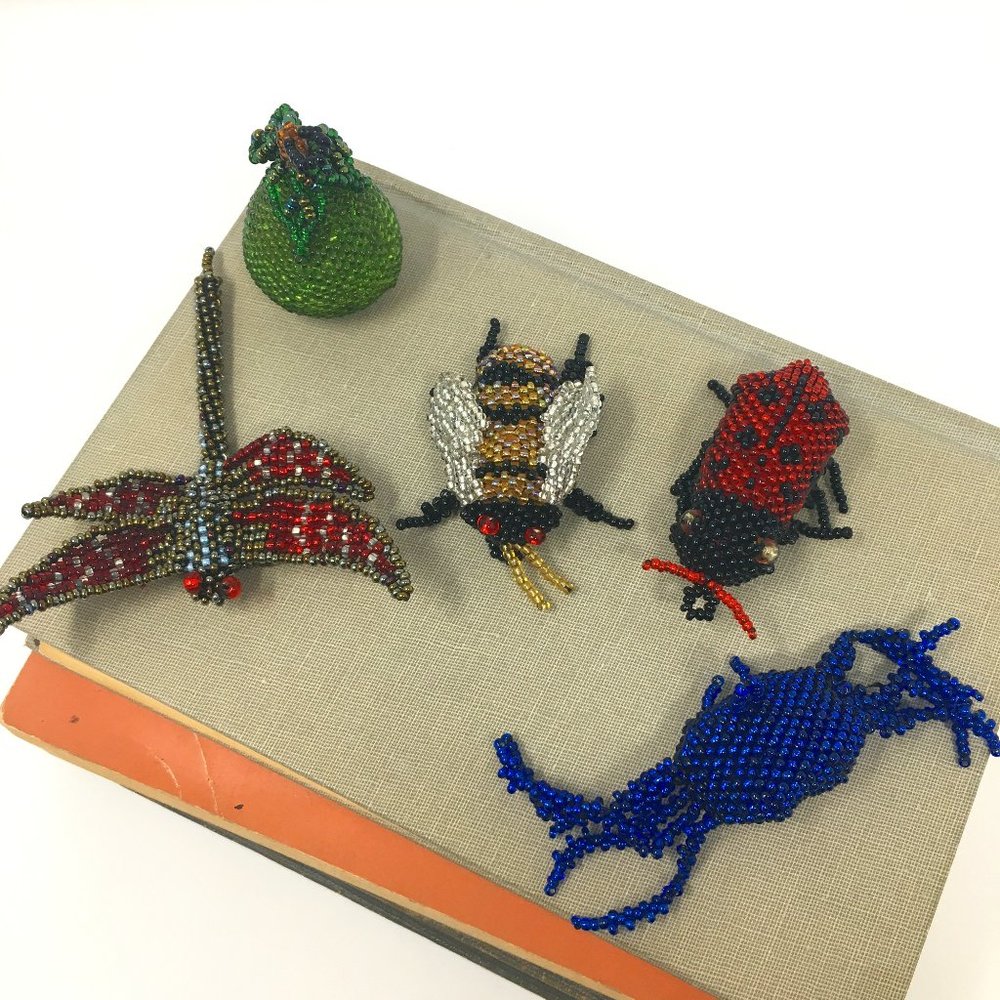 Lot of Five Handmade Seed Bead Insects Caricatures With Crab and Pear